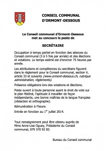 Annonce_secretaire_Conseil communal_2014
